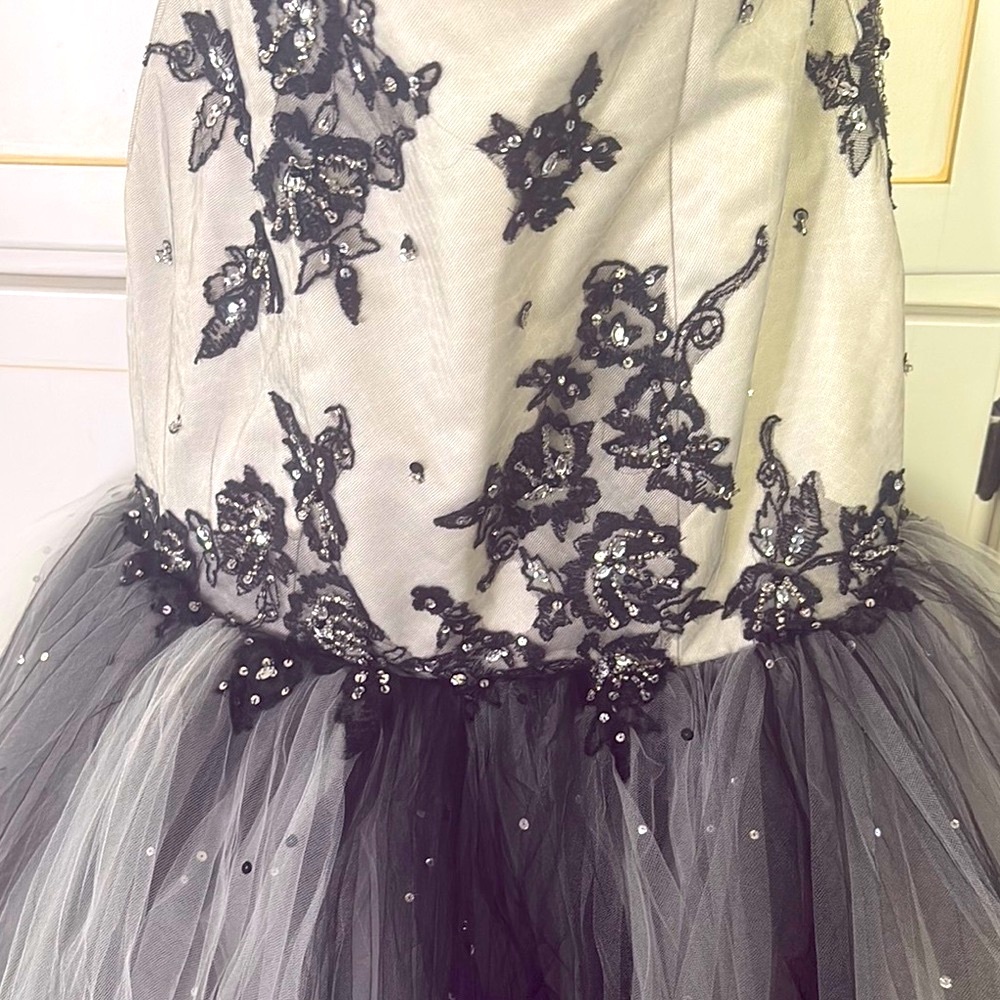 Mori Lee Black and White prom quinceañera Dress sz 9/10 tool lace sequins beauty - Picture 14 of 17